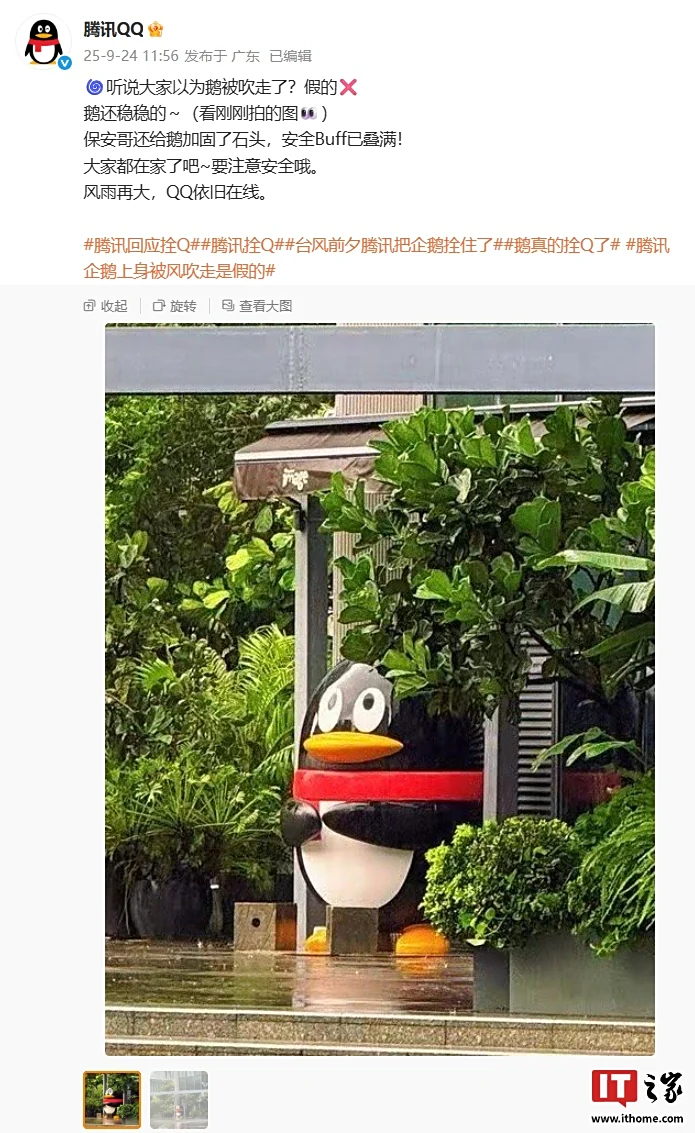 河内1.5分彩：腾讯 QQ 辟谣企鹅雕像上身被风吹走：假的，保安哥还给鹅加固了石头，安全 Buff 已叠满